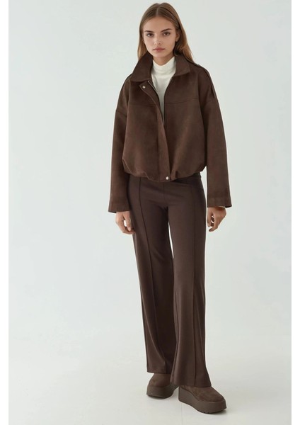 Kadın Yumuşak Dokulu Süet Bomber Ceket Koyu Mocha Kahve indirimleri