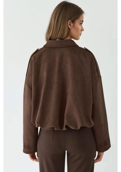 Kadın Yumuşak Dokulu Süet Bomber Ceket Koyu Mocha Kahve