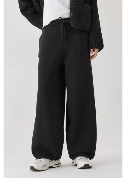 Kadın Barrel Fit Basic Şardonlu Eşofman Altı Siyah