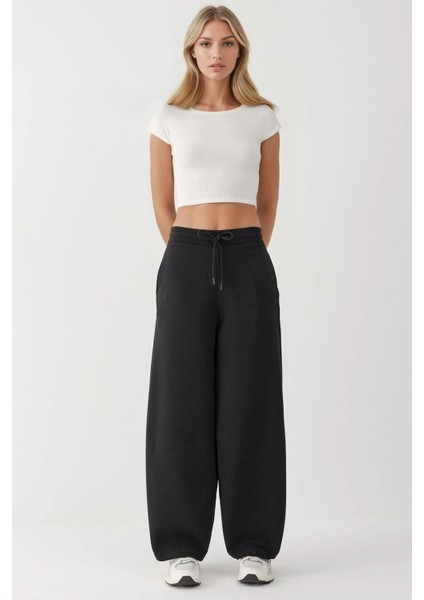 Kadın Barrel Fit Basic Şardonlu Eşofman Altı Siyah