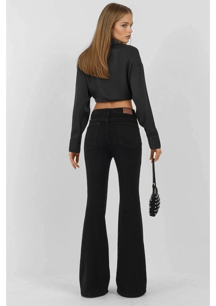 Kadın Yüksek Bel Flare Kot Pantolon Siyah fırsatları