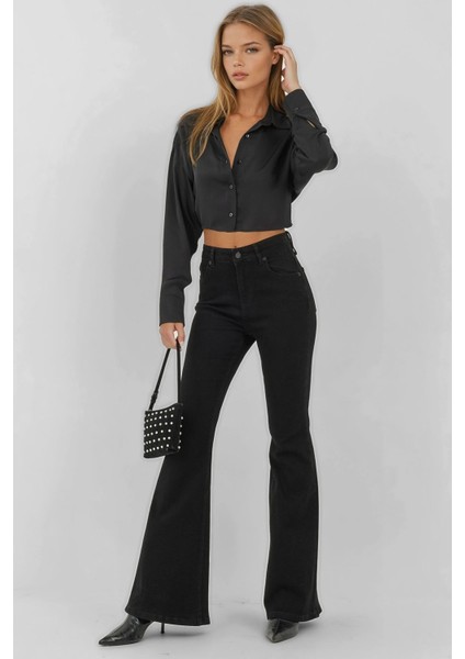 Kadın Yüksek Bel Flare Kot Pantolon Siyah