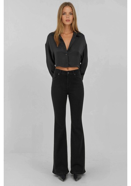 Kadın Yüksek Bel Flare Kot Pantolon Siyah