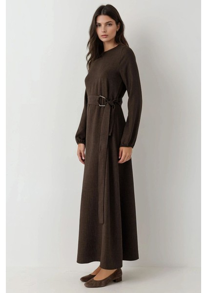 Kadın Kuşak Detaylı Uzun Kollu Maxi Elbise Koyu Mocha Kahve fiyatları