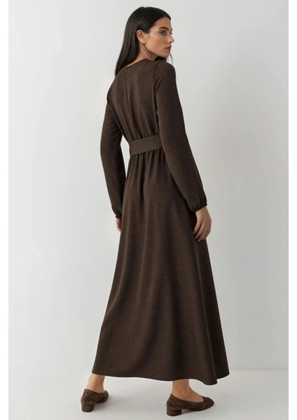 Kadın Kuşak Detaylı Uzun Kollu Maxi Elbise Koyu Mocha Kahve modelleri