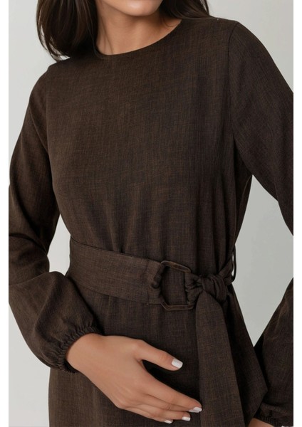 Kadın Kuşak Detaylı Uzun Kollu Maxi Elbise Koyu Mocha Kahve fırsatları