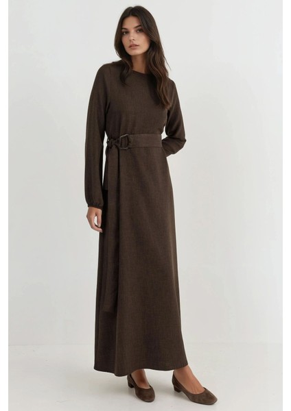 Kadın Kuşak Detaylı Uzun Kollu Maxi Elbise Koyu Mocha Kahve indirimleri