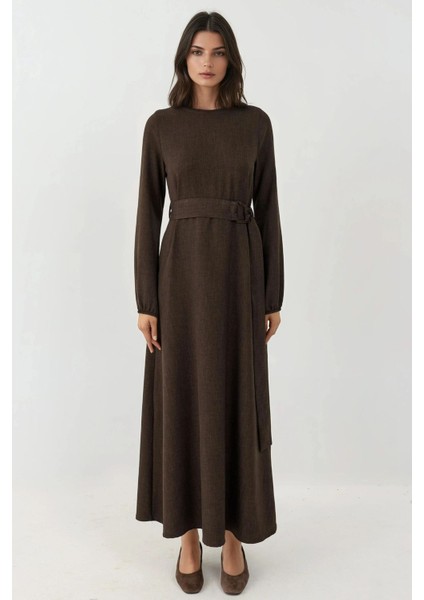 Kadın Kuşak Detaylı Uzun Kollu Maxi Elbise Koyu Mocha Kahve