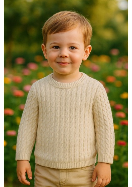 % 100 Pamuk Çocuk Triko- Örme Kazak Ekru Renk Ekstra Yumuşak ve Rahat