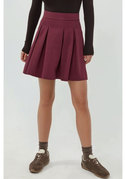 Kadın Fermuarlı Pileli Mini Etek Kiraz Kırmızısı