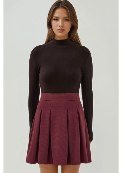 Kadın Fermuarlı Pileli Mini Etek Kiraz Kırmızısı