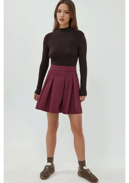 Kadın Fermuarlı Pileli Mini Etek Kiraz Kırmızısı