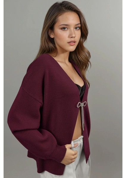 Kadın Fiyonk Detaylı V Yaka Triko Hırka Bordo Kırmızı fırsatları
