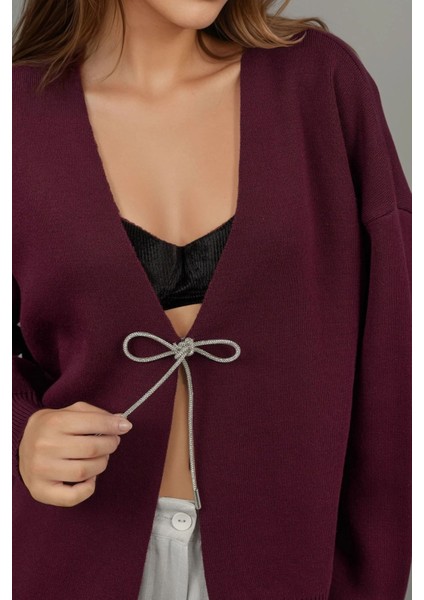 Kadın Fiyonk Detaylı V Yaka Triko Hırka Bordo Kırmızı indirimleri