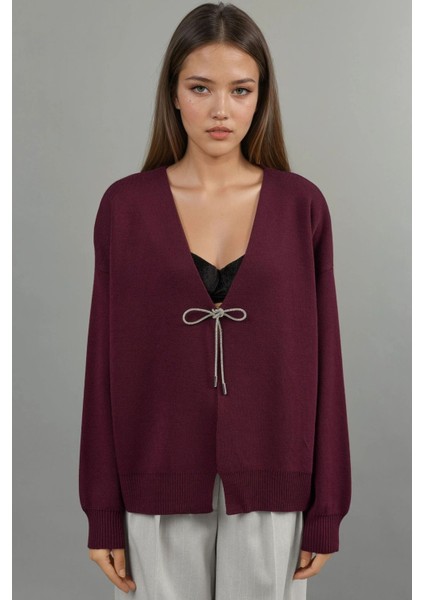 Kadın Fiyonk Detaylı V Yaka Triko Hırka Bordo Kırmızı