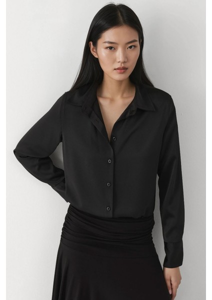 Kadın Uzun Kollu Saten Gömlek Siyah