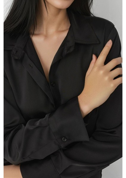 Kadın Uzun Kollu Saten Gömlek Siyah indirimleri