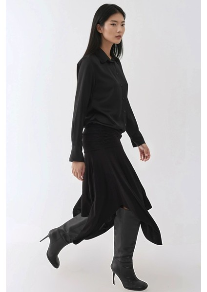 Kadın Uzun Kollu Saten Gömlek Siyah