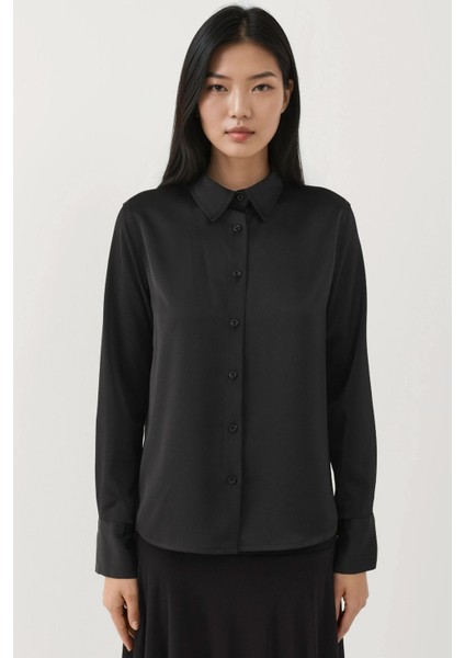 Kadın Uzun Kollu Saten Gömlek Siyah