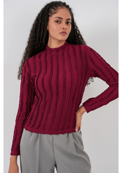 Kadın Bdart Dokulu Slim Fit Dik Yaka Bluz Bordo Kırmızı
