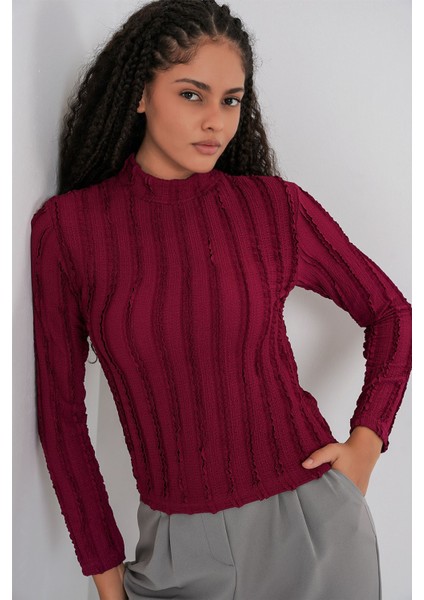 Kadın Bdart Dokulu Slim Fit Dik Yaka Bluz Bordo Kırmızı fiyatları