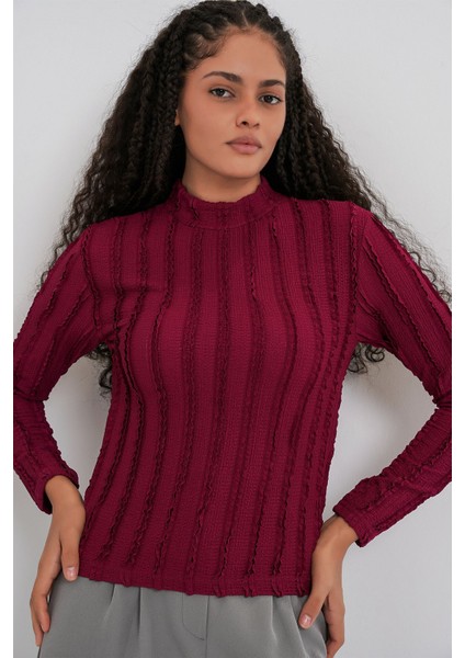 Kadın Bdart Dokulu Slim Fit Dik Yaka Bluz Bordo Kırmızı modelleri