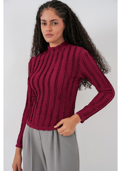 Kadın Bdart Dokulu Slim Fit Dik Yaka Bluz Bordo Kırmızı fırsatları