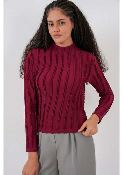 Kadın Bdart Dokulu Slim Fit Dik Yaka Bluz Bordo Kırmızı indirimleri