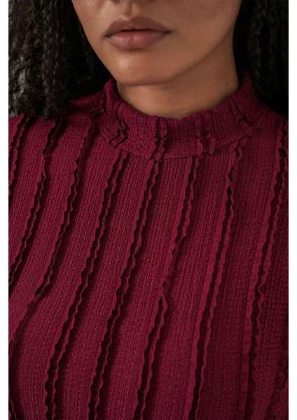 Kadın Bdart Dokulu Slim Fit Dik Yaka Bluz Bordo Kırmızı