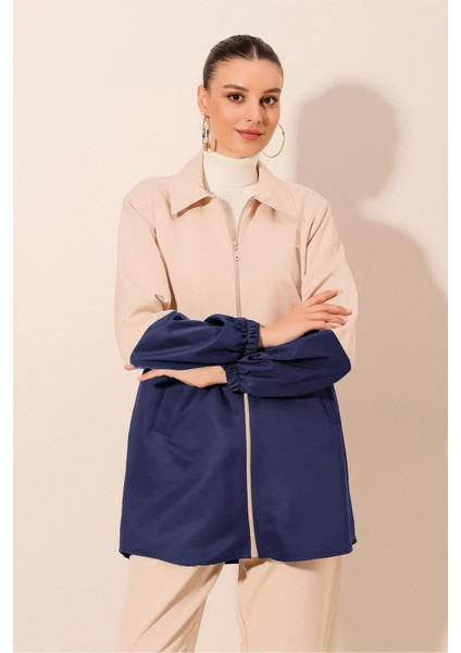 Kadın Bdart Fermuarlı Renk Bloklu Trençkot Lacivert