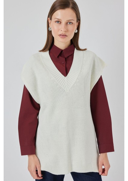 Kadın Bdart Ribanalı Dokulu Rahat Fit Triko Yelek Beyaz