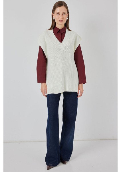 Kadın Bdart Ribanalı Dokulu Rahat Fit Triko Yelek Beyaz modelleri