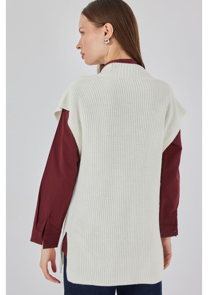 Kadın Bdart Ribanalı Dokulu Rahat Fit Triko Yelek Beyaz
