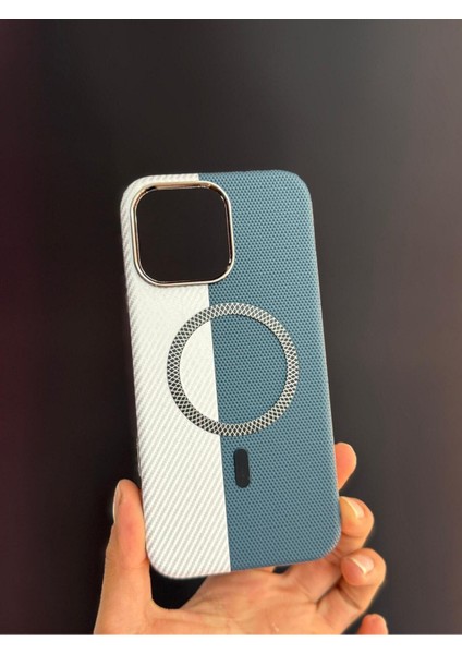 Iphone 11 Uyumlu Mavi Beyaz Sert ve Içi Kadife Suni Deri Magsafe Kılıf