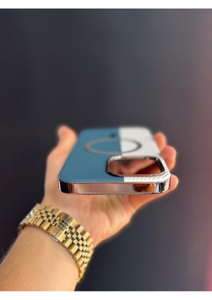 Iphone 11 Uyumlu Mavi Beyaz Sert ve Içi Kadife Suni Deri Magsafe Kılıf indirimleri