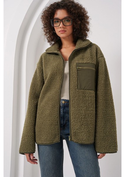 Kadın Bdart Cep Detaylı Oversize Peluş Ceket Haki Yeşil