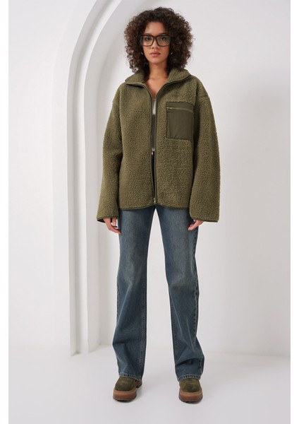 Kadın Bdart Cep Detaylı Oversize Peluş Ceket Haki Yeşil fiyatları