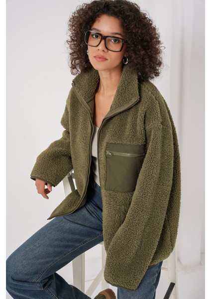 Kadın Bdart Cep Detaylı Oversize Peluş Ceket Haki Yeşil modelleri