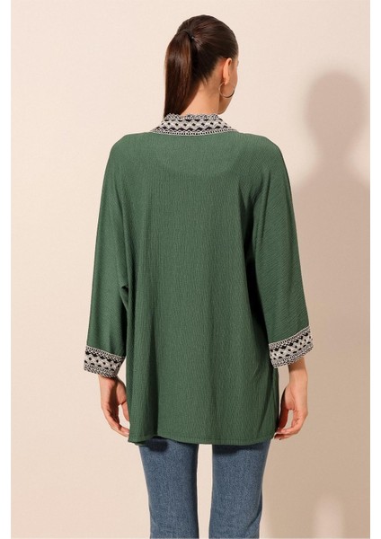 Kadın Bdart Etnik Işlemeli Midi Kimono Zümrüt Yeşili