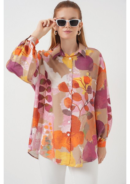 Kadın Bdart Oversize Çiçek Desenli Düğmeli Gömlek Parlak Turuncu