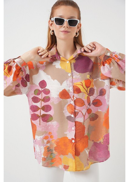 Kadın Bdart Oversize Çiçek Desenli Düğmeli Gömlek Parlak Turuncu fiyatları