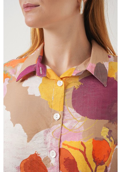 Kadın Bdart Oversize Çiçek Desenli Düğmeli Gömlek Parlak Turuncu indirimleri
