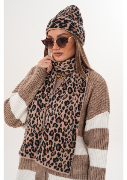 Lüks Yumuşak Dokulu Leopar Atkı Bere Seti|kaliteli Triko Kombin