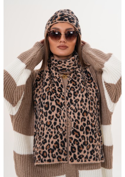 Lüks Yumuşak Dokulu Leopar Atkı Bere Seti|kaliteli Triko Kombin