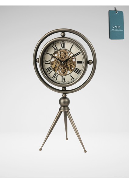 Rotaris | Metal Çark Mekanizmalı Antik Tripot Ayaklı Masa Saati, Ev Saati, Ofis Saati