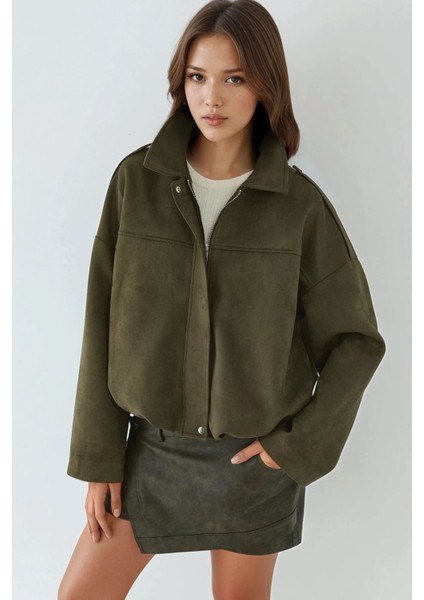 Kadın Yumuşak Dokulu Süet Bomber Ceket Haki Yeşil