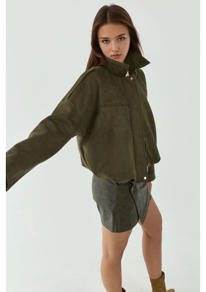 Kadın Yumuşak Dokulu Süet Bomber Ceket Haki Yeşil modelleri