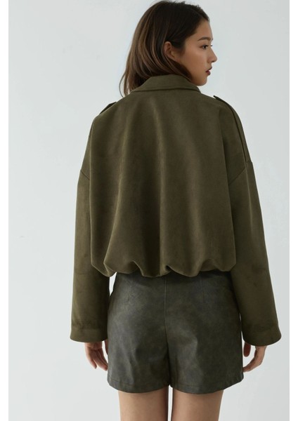 Kadın Yumuşak Dokulu Süet Bomber Ceket Haki Yeşil fırsatları