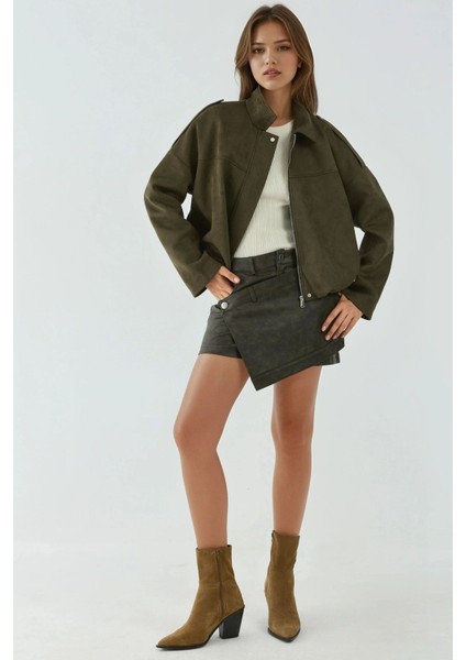 Kadın Yumuşak Dokulu Süet Bomber Ceket Haki Yeşil indirimleri