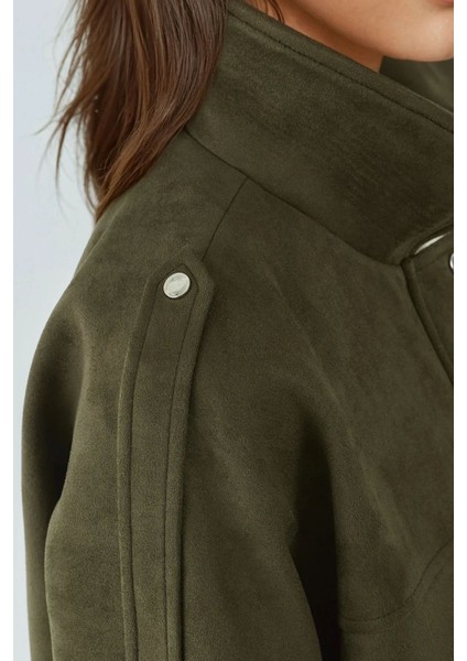 Kadın Yumuşak Dokulu Süet Bomber Ceket Haki Yeşil